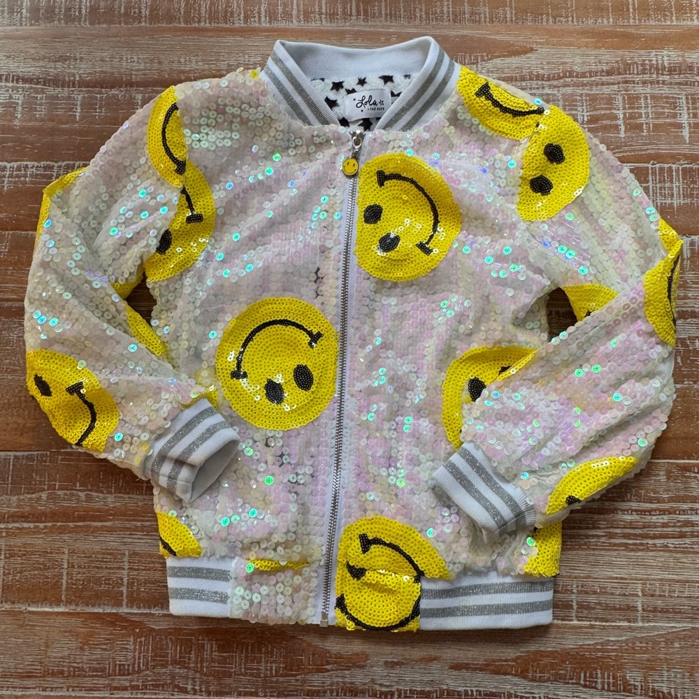 Lola + The Boys Sequin Smiley Face Bomber Jacket - Yellow and White